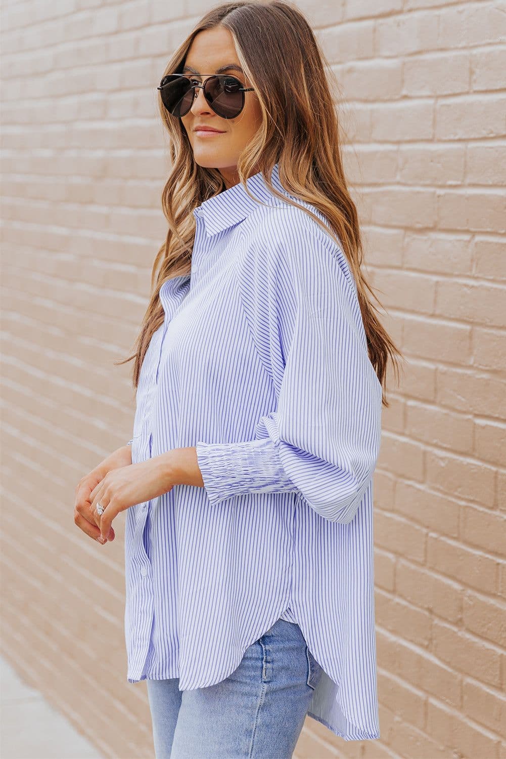 image-Sky Blue Striped Boyfriend Shirt with Pocket - Smocked Cuffs