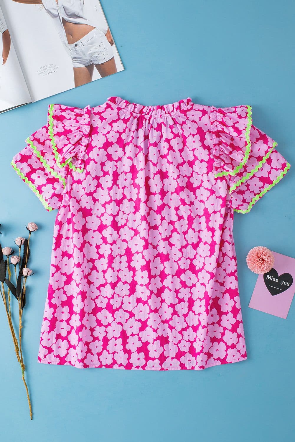 image-Pink Floral Ruffle Sleeve Blouse - Layered Contrast Ric Rac