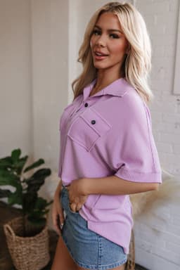 image-Orchid Bouquet Corded Flap Pocket Collared Blouse