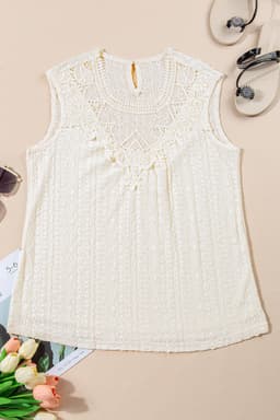image-Guipure Lace Crochet Keyhole Back Tank Top - Apricot
