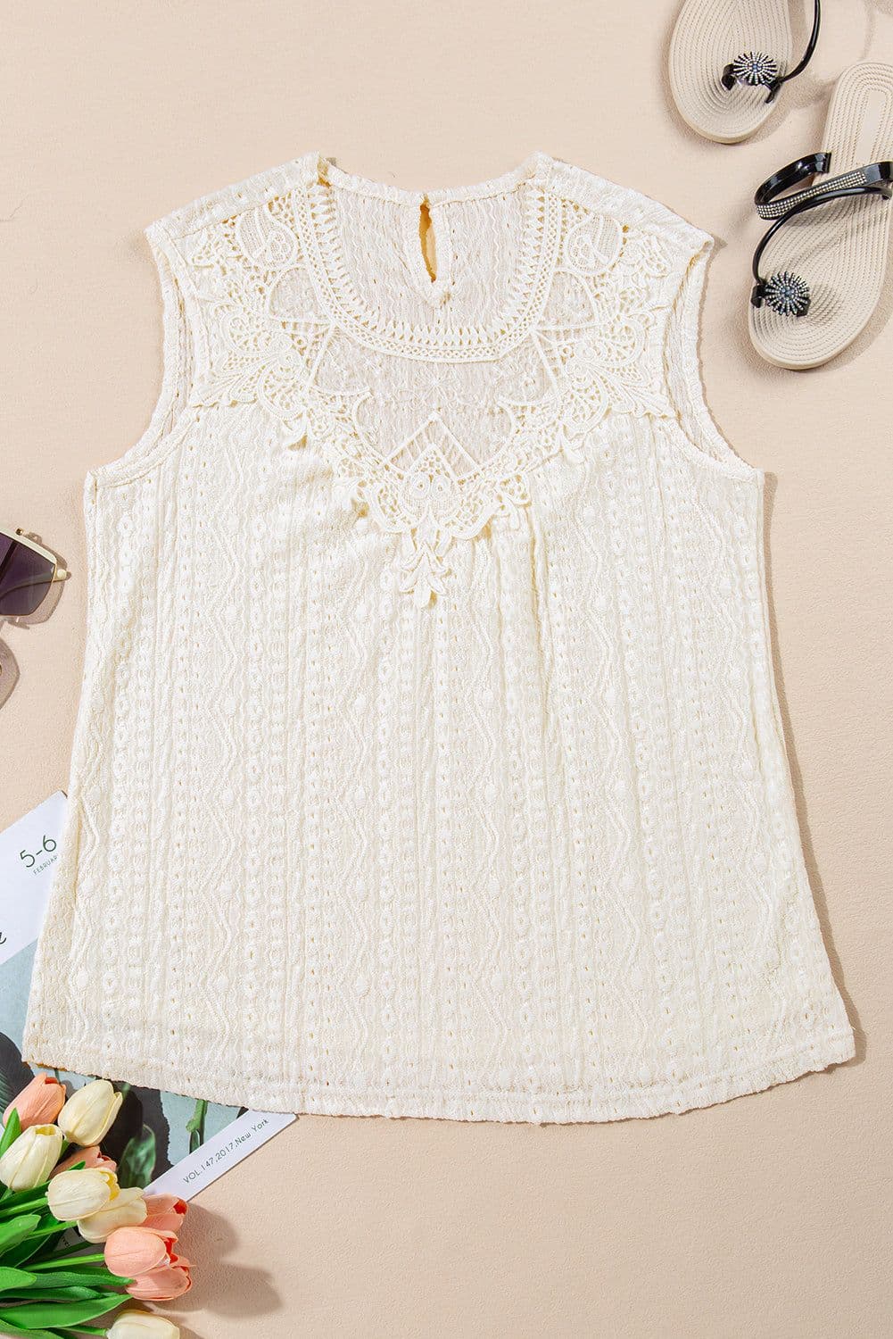 image-Guipure Lace Crochet Keyhole Back Tank Top - Apricot