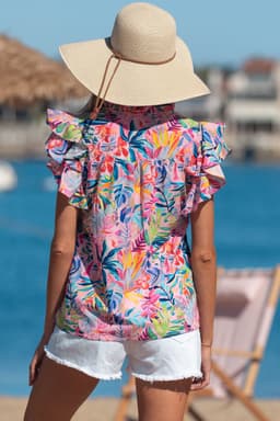 image-Pink Tropical Floral Blouse - Frilly Notched Neck