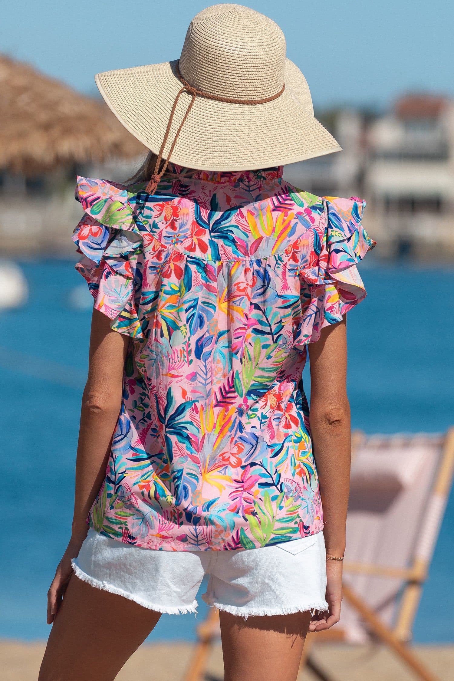 image-Pink Tropical Floral Blouse - Frilly Notched Neck