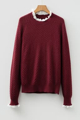 image-Burgundy Contrast Lace Frilled Trim Raglan Sleeve Sweater