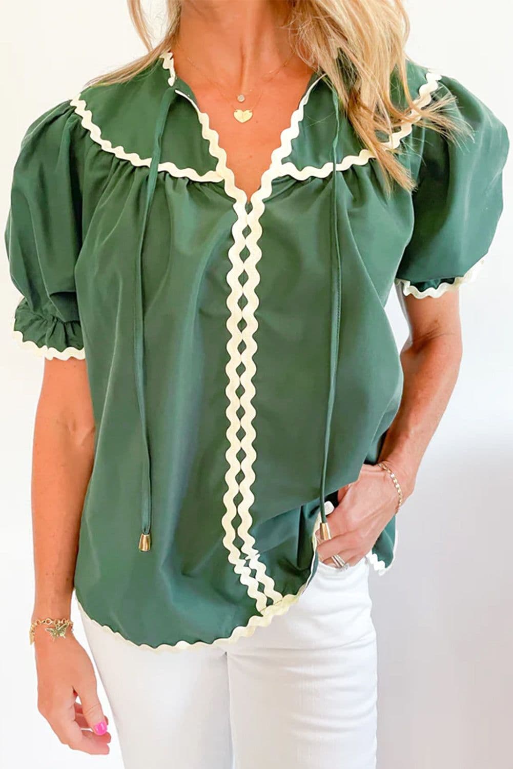 image-Mist Green Ric Rac Trim Tie Split Neck Short Sleeve Blouse