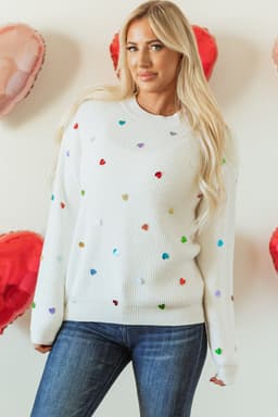 image-Beige Sequin Heart Waffle Knit Sweater (51 characters)