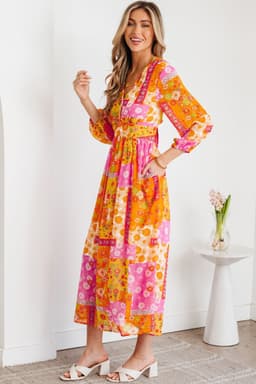 image-Orange Floral Patchwork Maxi Dress - Cutout Tie Back