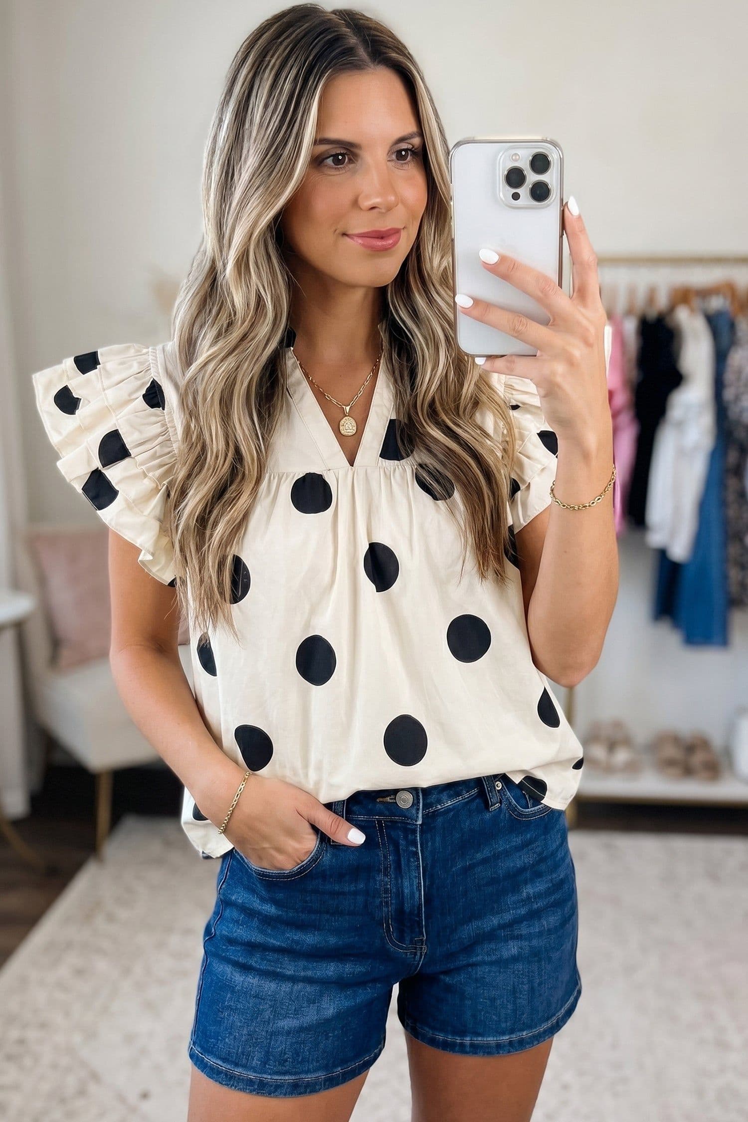 image-Apricot Polka Dot V-Neck Ruffle Short Sleeve Blouse
