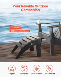 image-VEVOR Adirondack Ottoman, 18.7L x 19.7W x 13H Inch HDPE Plastic Folding Adirondack Ottoman, Weather-Resistant Foot Rest for Adirondack Chair, Widely Used for Outside Porch Pool Lawn Backyard, Black