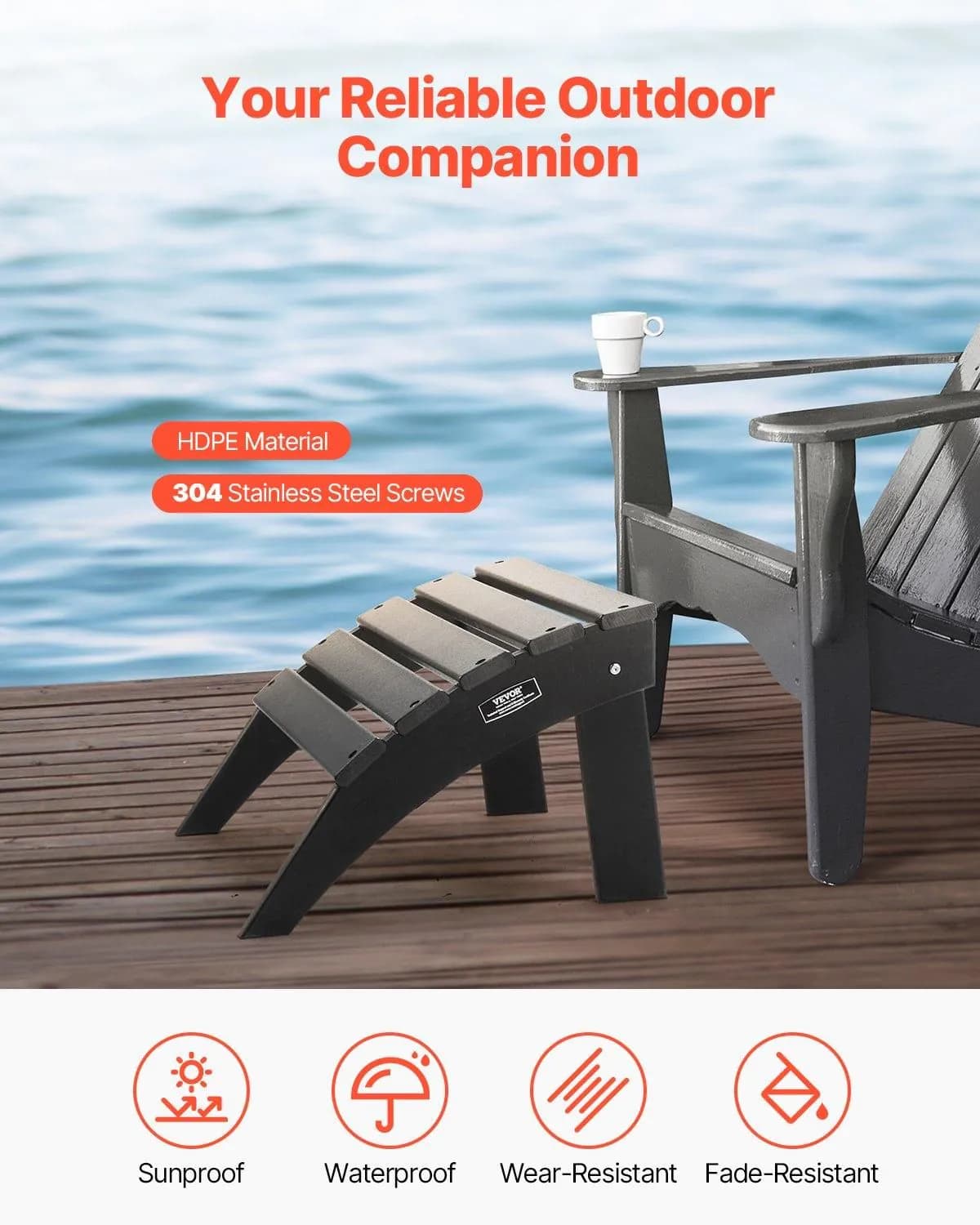 image-VEVOR Adirondack Ottoman, 18.7L x 19.7W x 13H Inch HDPE Plastic Folding Adirondack Ottoman, Weather-Resistant Foot Rest for Adirondack Chair, Widely Used for Outside Porch Pool Lawn Backyard, Black
