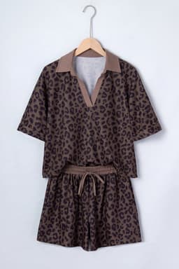 image-Brown V Neck Collar Leopard Printed 2pcs Short Set