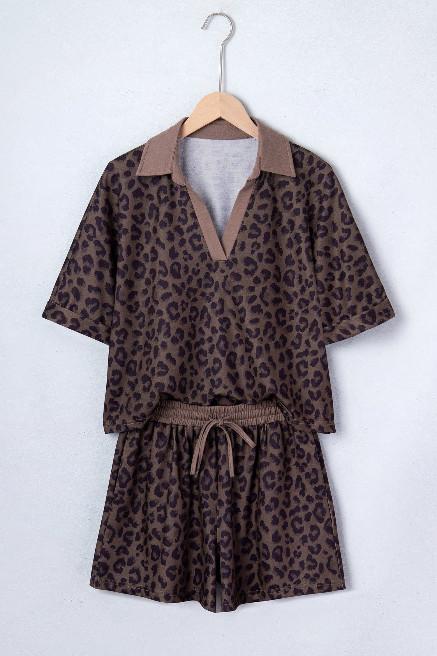 image-Brown V Neck Collar Leopard Printed 2pcs Short Set