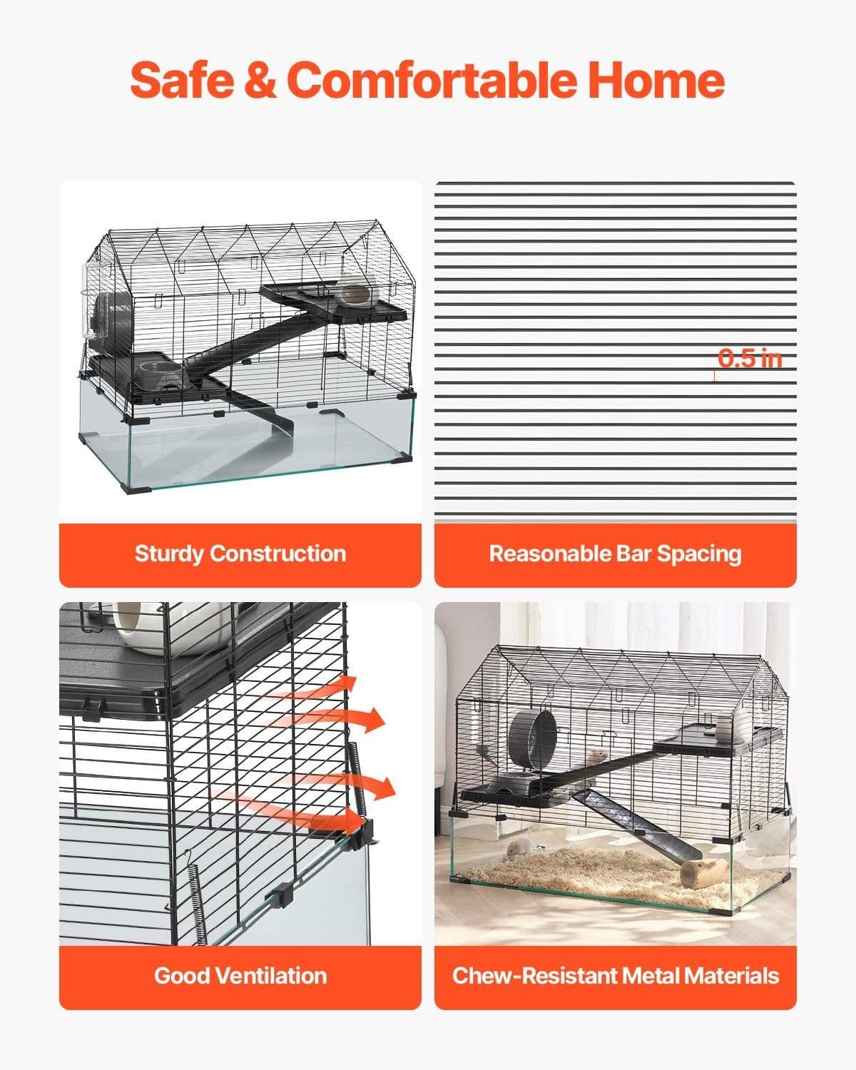 image-VEVOR Hamster Cage, 360° Viewing Transparent Hamster Habitats, Small Animal Cage, 29.5 x 17.3 x 24 in, Ventilated Pet Mouse Cages with Water Bottle, Portable Hamster House for Rats, Guinea Pigs