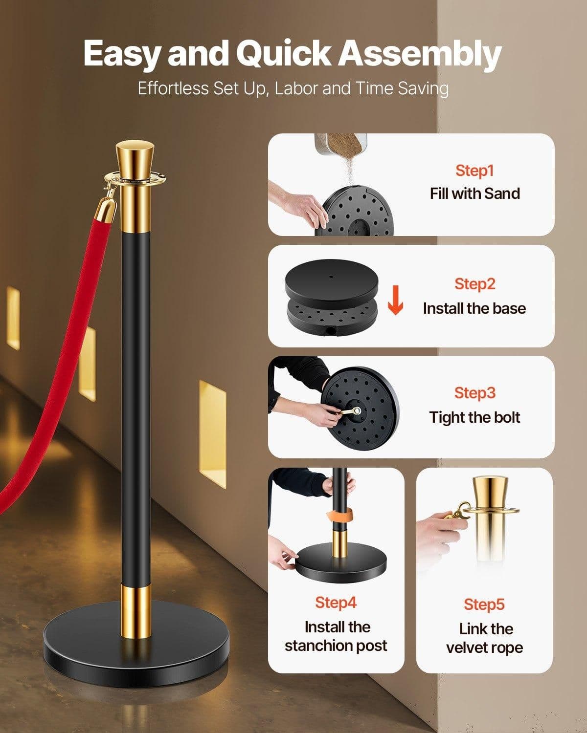 image-VEVOR Stanchions and Velvet Ropes, 6 Pcs Crowd Control Barriers with 4 Red Velvet Ropes, Stainless Steel Stanchion Post Queue with Sand Injection Hollow Base for Theater, Wedding, Party Supplies