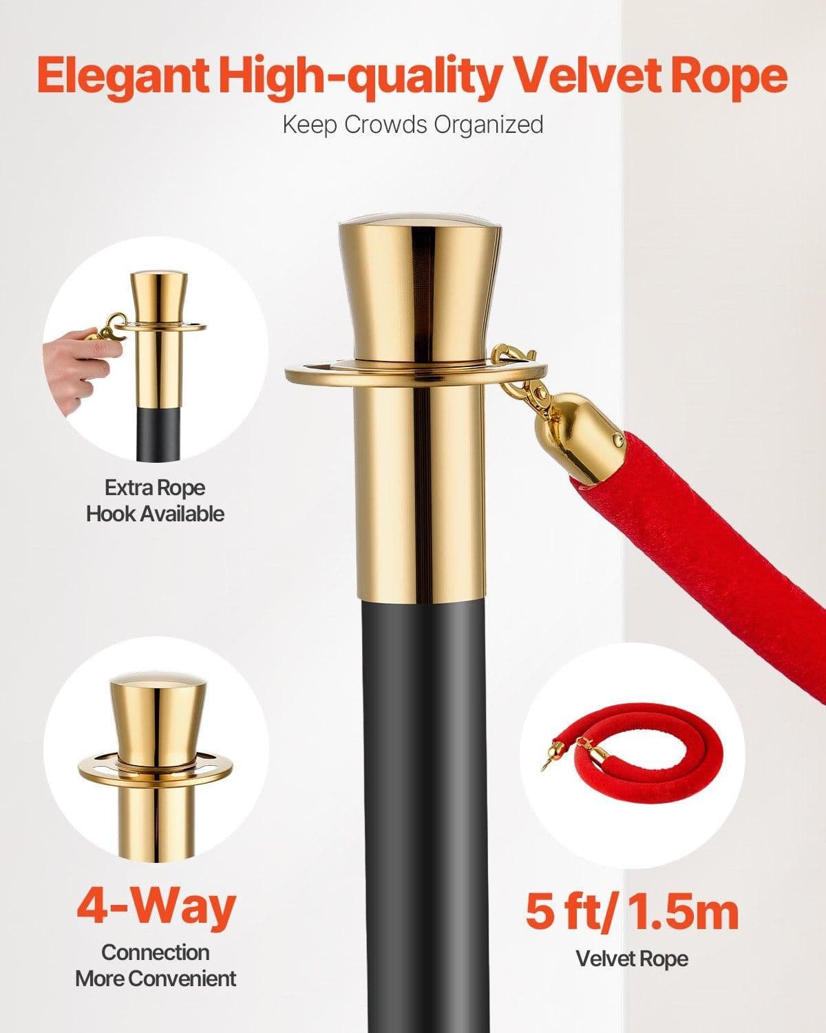 image-VEVOR Stanchions and Velvet Ropes, 6 Pcs Crowd Control Barriers with 4 Red Velvet Ropes, Stainless Steel Stanchion Post Queue with Sand Injection Hollow Base for Theater, Wedding, Party Supplies