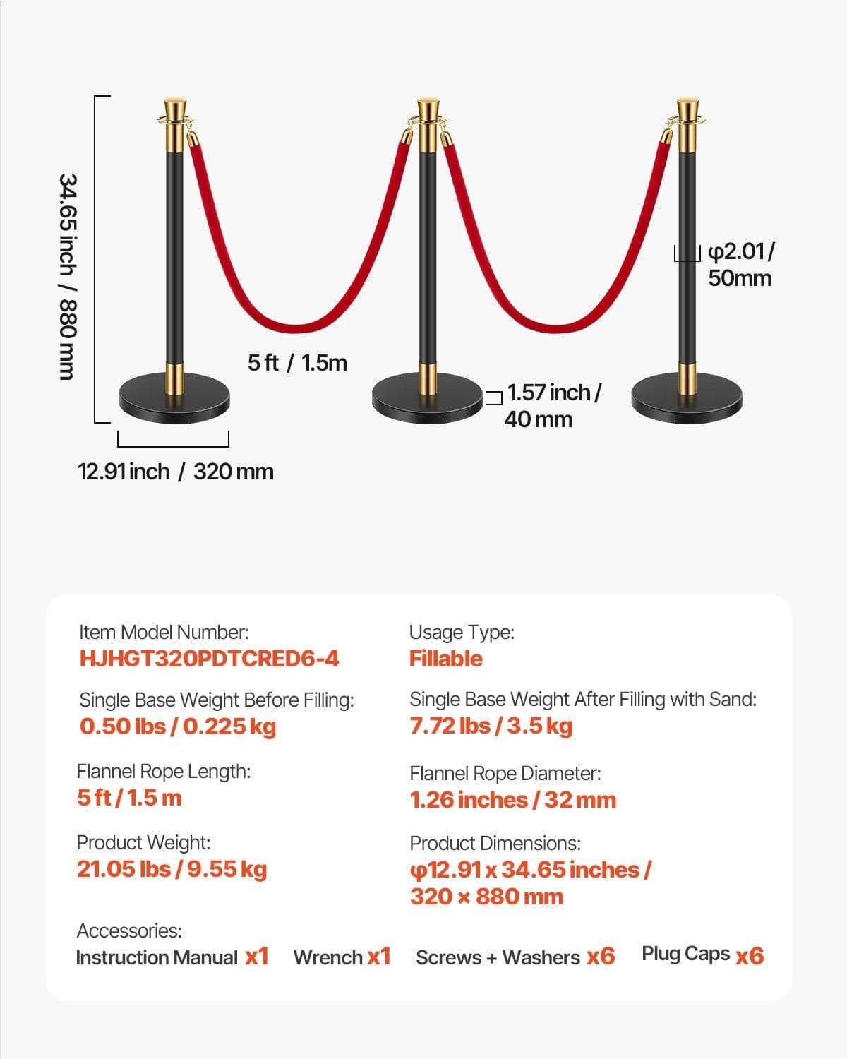 image-VEVOR Stanchions and Velvet Ropes, 6 Pcs Crowd Control Barriers with 4 Red Velvet Ropes, Stainless Steel Stanchion Post Queue with Sand Injection Hollow Base for Theater, Wedding, Party Supplies