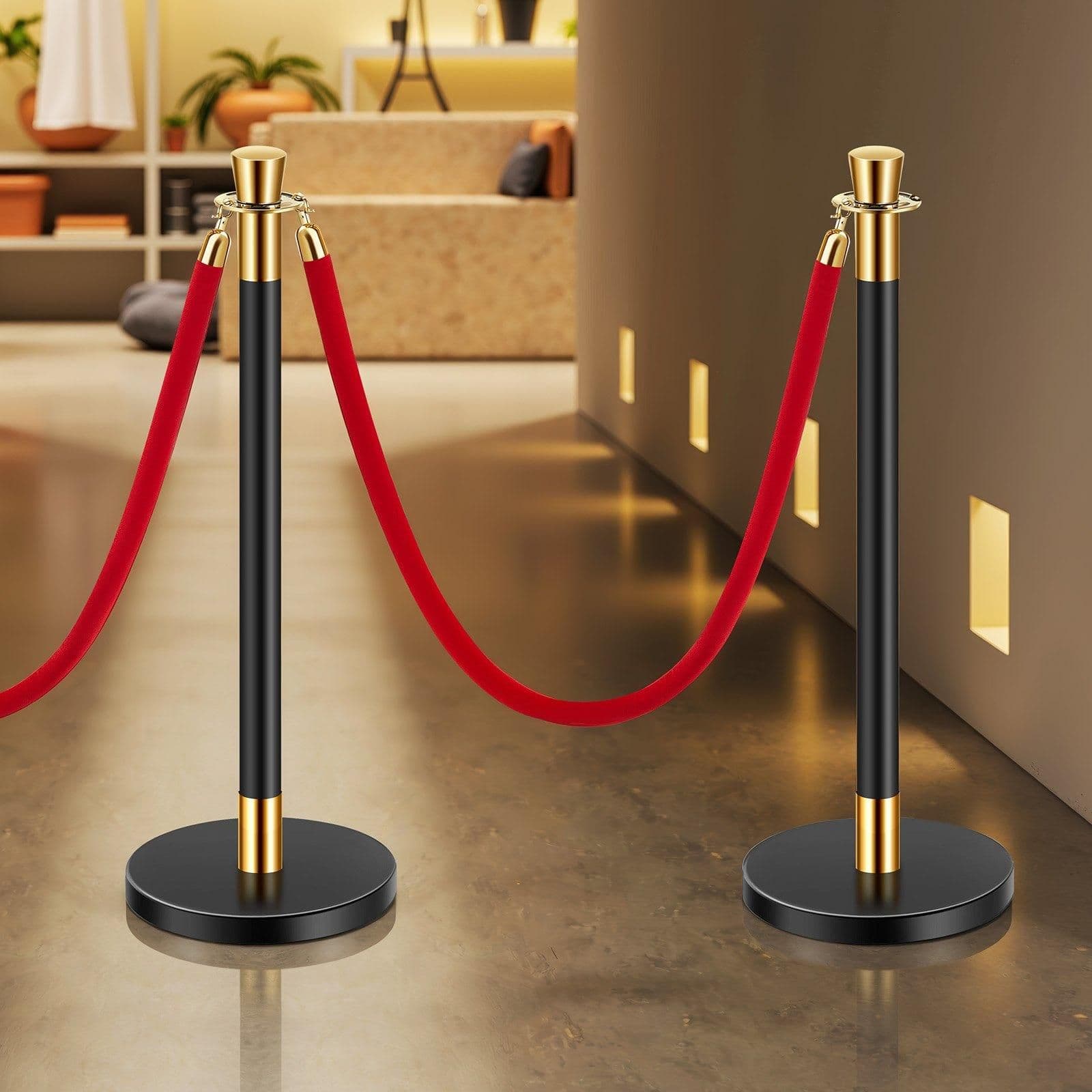 image-VEVOR Stanchions and Velvet Ropes, 6 Pcs Crowd Control Barriers with 4 Red Velvet Ropes, Stainless Steel Stanchion Post Queue with Sand Injection Hollow Base for Theater, Wedding, Party Supplies