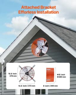 image-VEVOR Gable Mount Fan, 15 Inch Attic Exhaust Fan with Adjustable Thermostat & Outer Mesh, 1650 CFM House Ventilator Cools Up to 2360 Sq.Ft, Quiet Ventilation for Roof, Garage & Shop, Vibrant Orange