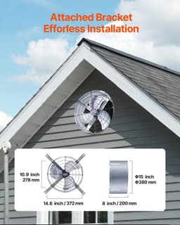image-VEVOR Gable Mount Fan, 15 Inch Attic Exhaust Fan with Adjustable Thermostat & Outer Mesh, 1300 CFM House Ventilator Cools Up to 1850 Sq.Ft, Quiet Ventilation for Roof, Garage & Shop, Galvanized Color