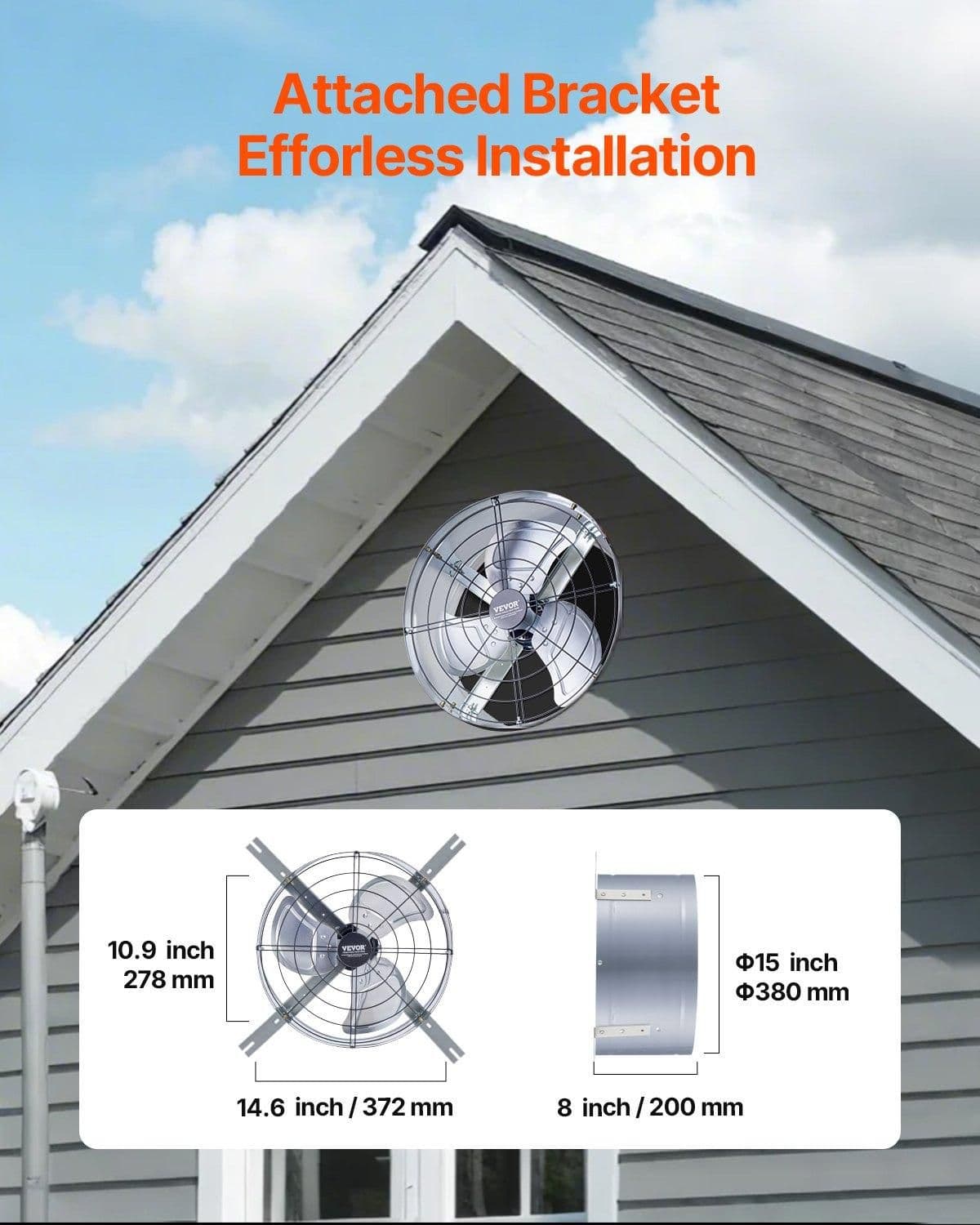 image-VEVOR Gable Mount Fan, 15 Inch Attic Exhaust Fan with Adjustable Thermostat & Outer Mesh, 1300 CFM House Ventilator Cools Up to 1850 Sq.Ft, Quiet Ventilation for Roof, Garage & Shop, Galvanized Color