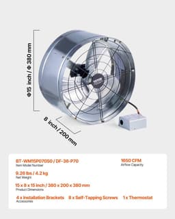 image-VEVOR Gable Mount Fan, 15 Inch Attic Exhaust Fan with Adjustable Thermostat & Outer Mesh, 1300 CFM House Ventilator Cools Up to 1850 Sq.Ft, Quiet Ventilation for Roof, Garage & Shop, Galvanized Color