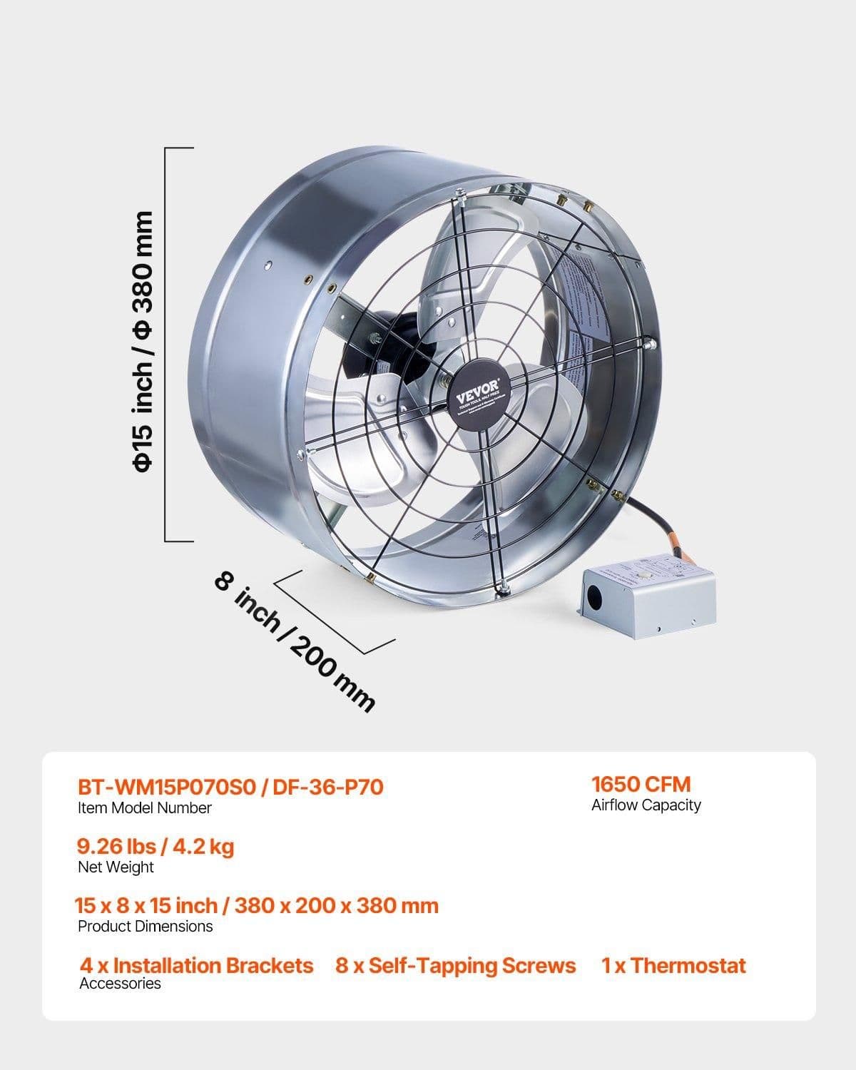 image-VEVOR Gable Mount Fan, 15 Inch Attic Exhaust Fan with Adjustable Thermostat & Outer Mesh, 1300 CFM House Ventilator Cools Up to 1850 Sq.Ft, Quiet Ventilation for Roof, Garage & Shop, Galvanized Color