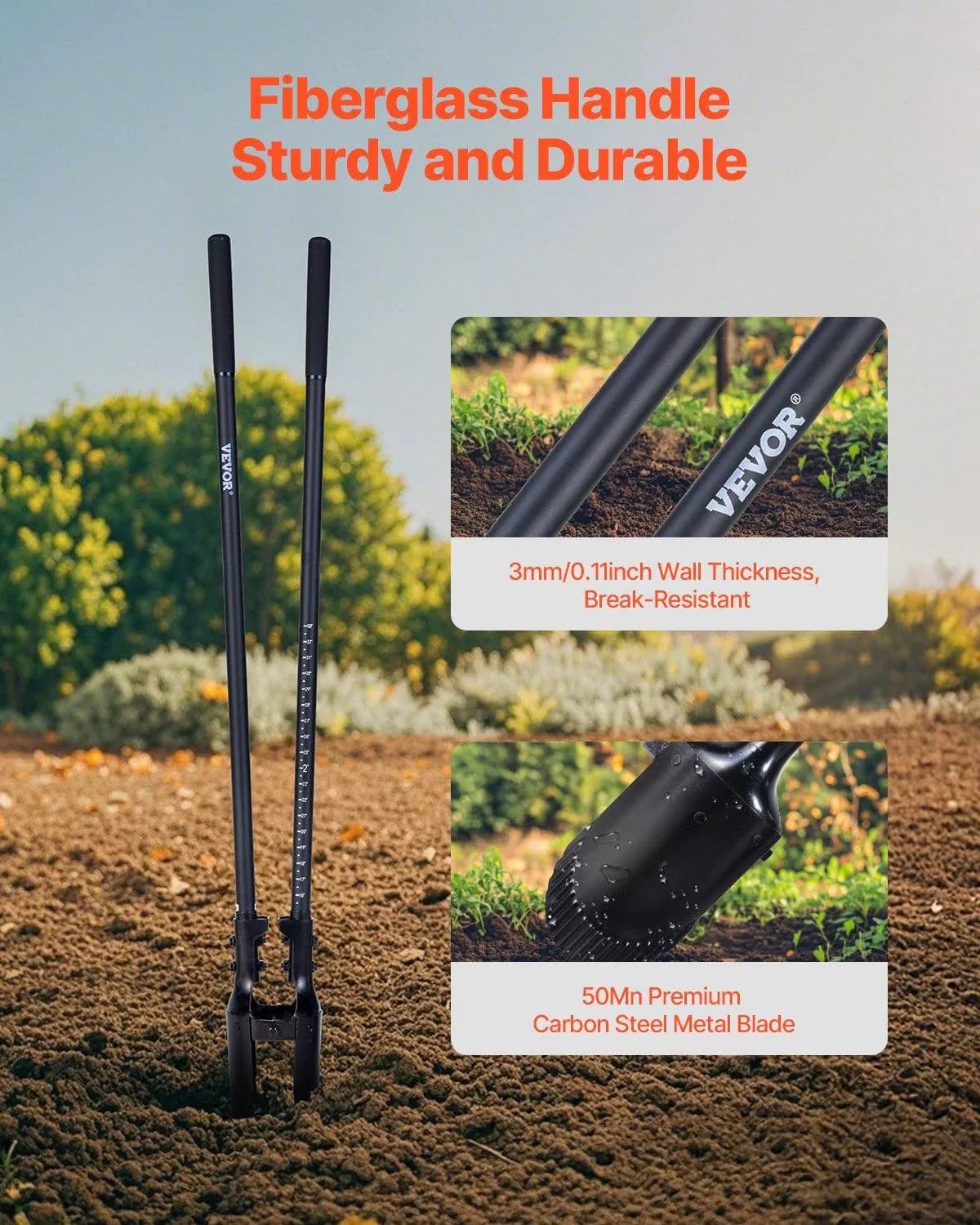 image-VEVOR Post Hole Digger, Heavy Duty Post Hole Digger with Fiberglass Handle, Manual Hole Digger with Scale Markings and Metal Blade, Post Hole Digger Tool for Digging Gardening and Outdoors, 57.5-Inch