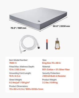 image-VEVOR Grounding Sheets, King Size, 95% Cotton + 5% Pure Silver Fiber, Earth Grounded Fitted Bed Sheets, with Grounding Cord & Tester, for Improved Sleep & Wellness (Gray, King - 78 x 80 x 13 in)