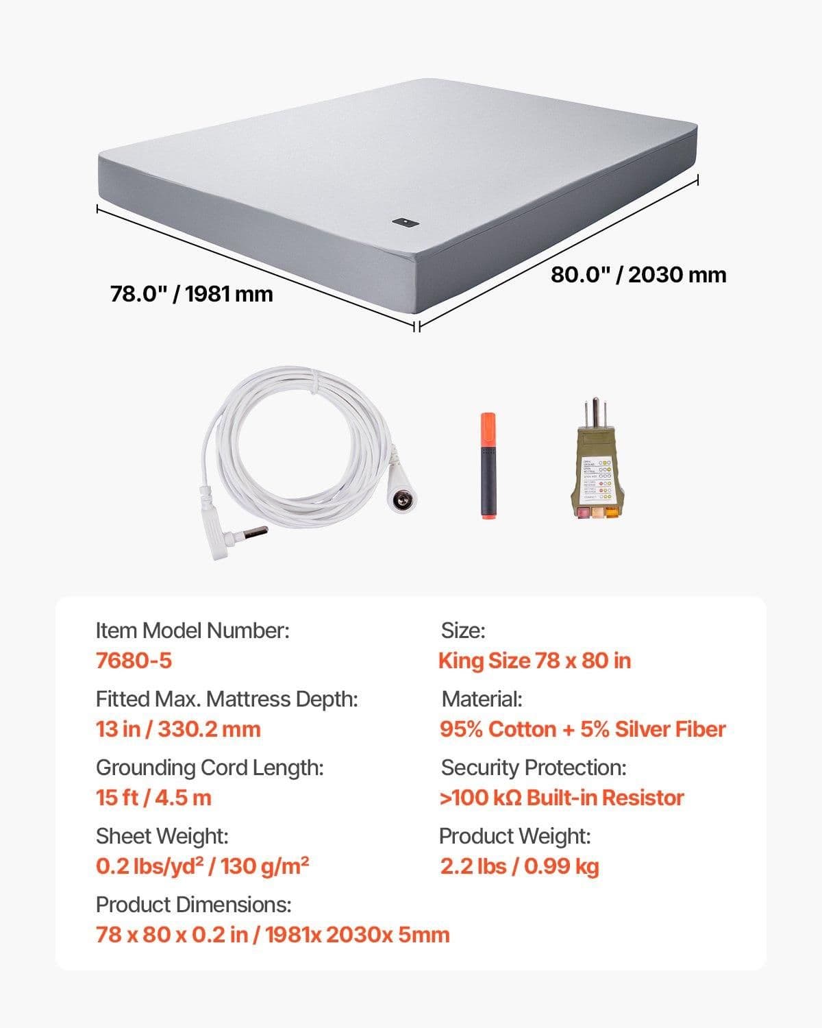 image-VEVOR Grounding Sheets, King Size, 95% Cotton + 5% Pure Silver Fiber, Earth Grounded Fitted Bed Sheets, with Grounding Cord & Tester, for Improved Sleep & Wellness (Gray, King - 78 x 80 x 13 in)