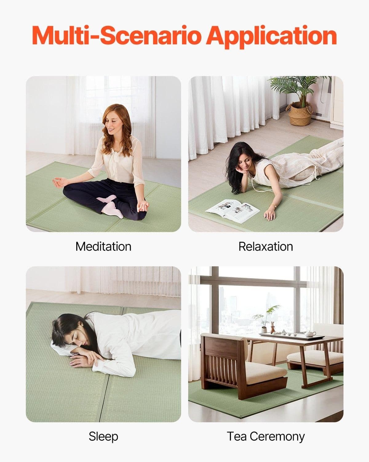image-VEVOR Japanese Tatami Mat, Queen Size Foldable Japanese Tatami Mattress( Natural Rush Grass), Japanese Floor Mattress with Non-Slip Backing & Fresh Scent, Futon Mattress for Sleeping Meditation Yoga