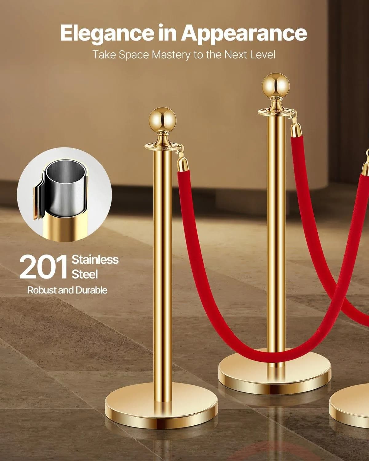 image-VEVOR Stanchions and Velvet Ropes 8Pcs, Hollow Base with Stainless Steel Post, 6 Red Velvet Ropes and Posts, Crowd Control Barriers Gold Stanchions, Red Carpet Runner Poles for Party Supplies