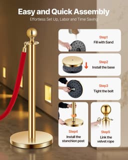 image-VEVOR Stanchions and Velvet Ropes 8Pcs, Hollow Base with Stainless Steel Post, 6 Red Velvet Ropes and Posts, Crowd Control Barriers Gold Stanchions, Red Carpet Runner Poles for Party Supplies