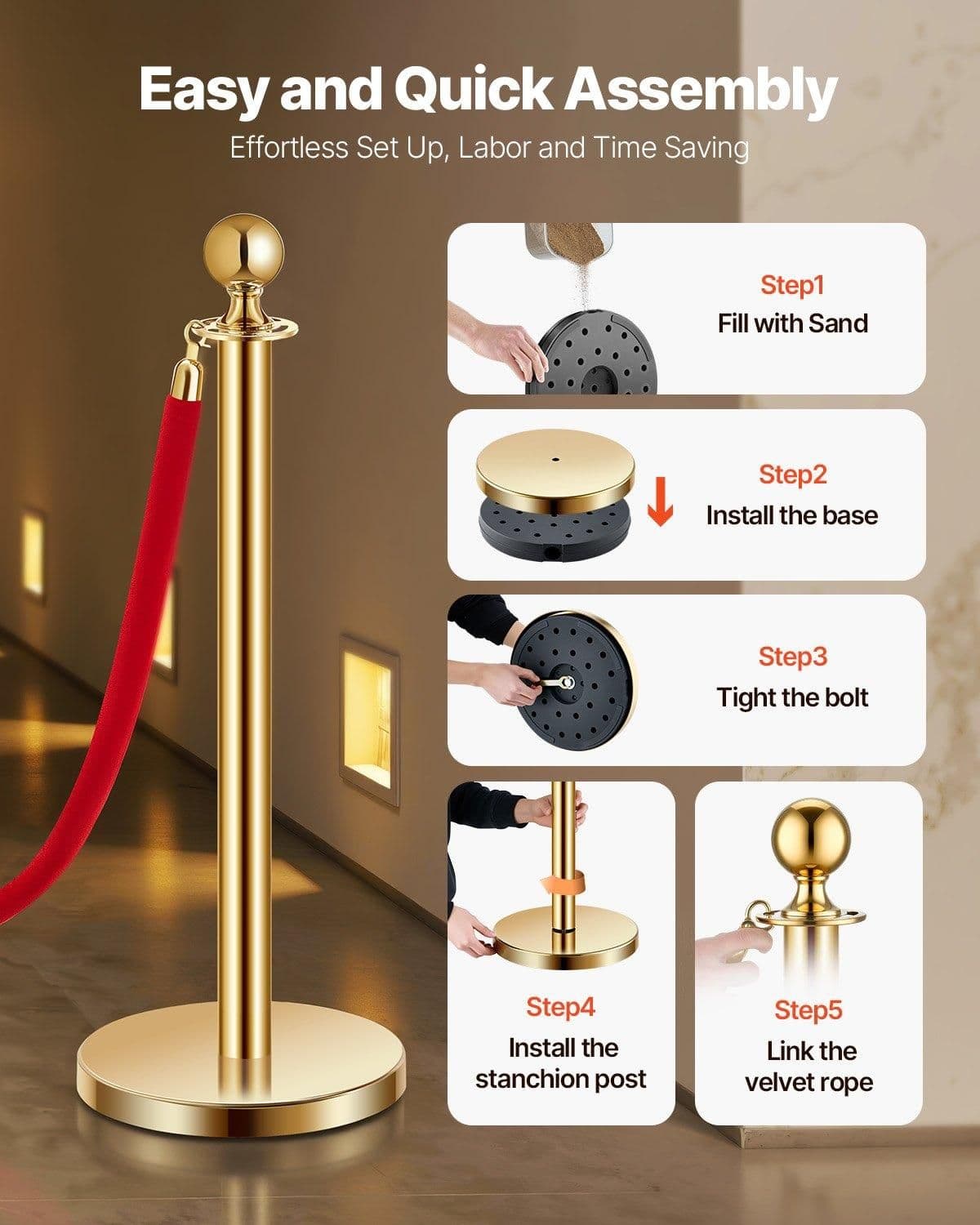 image-VEVOR Stanchions and Velvet Ropes 8Pcs, Hollow Base with Stainless Steel Post, 6 Red Velvet Ropes and Posts, Crowd Control Barriers Gold Stanchions, Red Carpet Runner Poles for Party Supplies