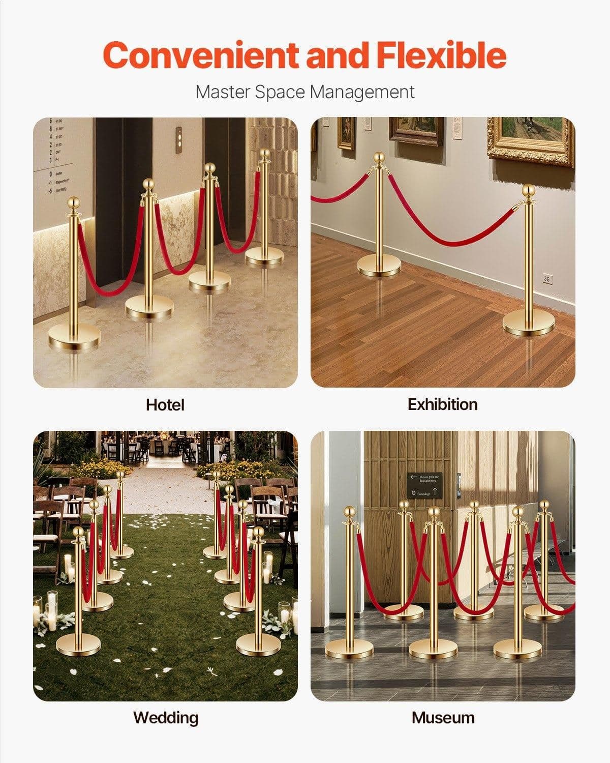 image-VEVOR Stanchions and Velvet Ropes 8Pcs, Hollow Base with Stainless Steel Post, 6 Red Velvet Ropes and Posts, Crowd Control Barriers Gold Stanchions, Red Carpet Runner Poles for Party Supplies