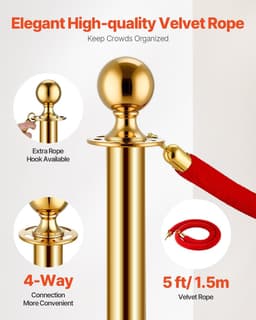 image-VEVOR Stanchions and Velvet Ropes 8Pcs, Hollow Base with Stainless Steel Post, 6 Red Velvet Ropes and Posts, Crowd Control Barriers Gold Stanchions, Red Carpet Runner Poles for Party Supplies