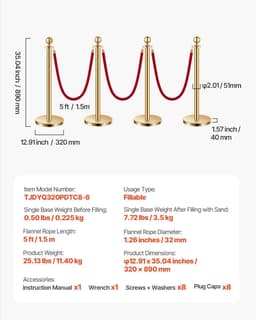 image-VEVOR Stanchions and Velvet Ropes 8Pcs, Hollow Base with Stainless Steel Post, 6 Red Velvet Ropes and Posts, Crowd Control Barriers Gold Stanchions, Red Carpet Runner Poles for Party Supplies