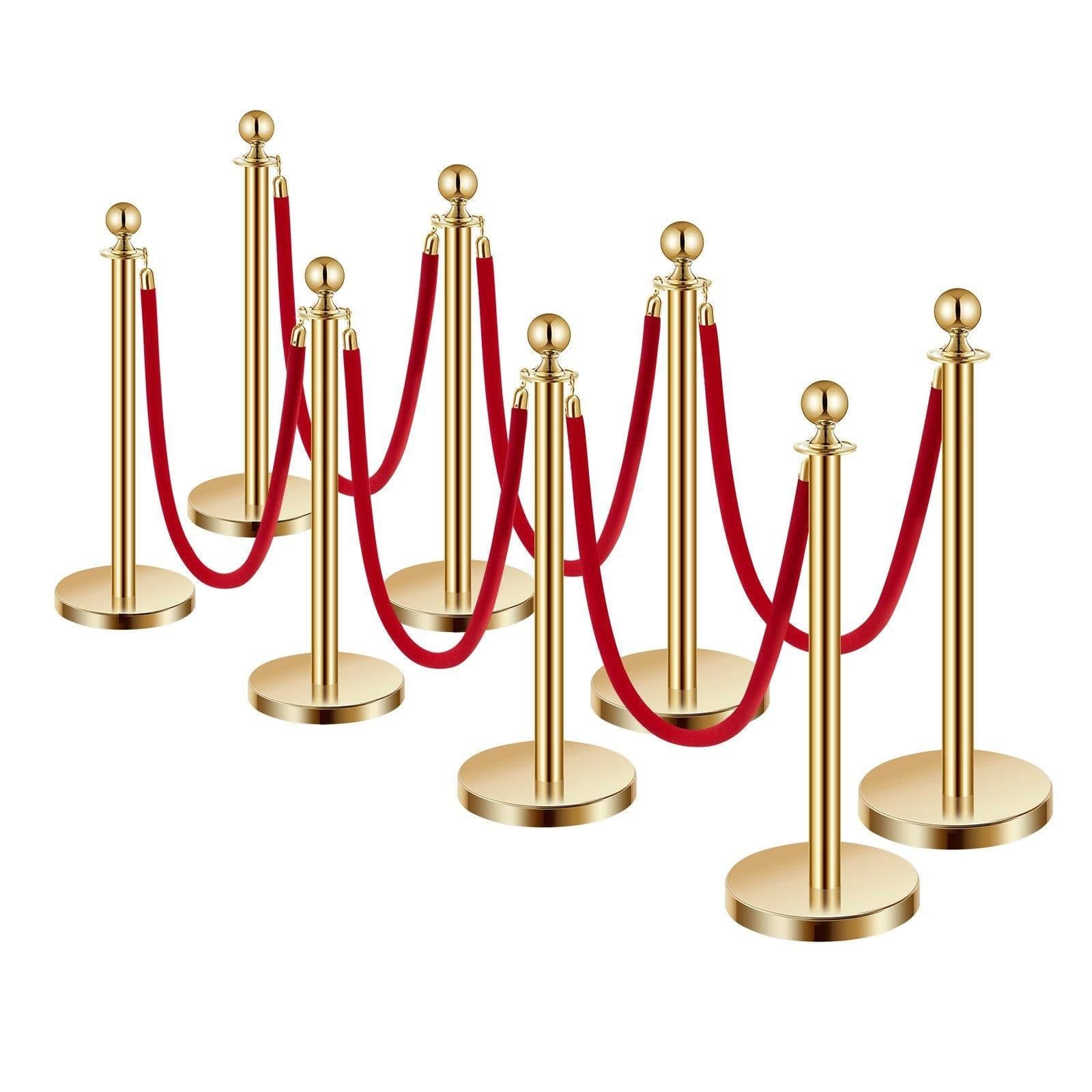 image-VEVOR Stanchions and Velvet Ropes 8Pcs, Hollow Base with Stainless Steel Post, 6 Red Velvet Ropes and Posts, Crowd Control Barriers Gold Stanchions, Red Carpet Runner Poles for Party Supplies