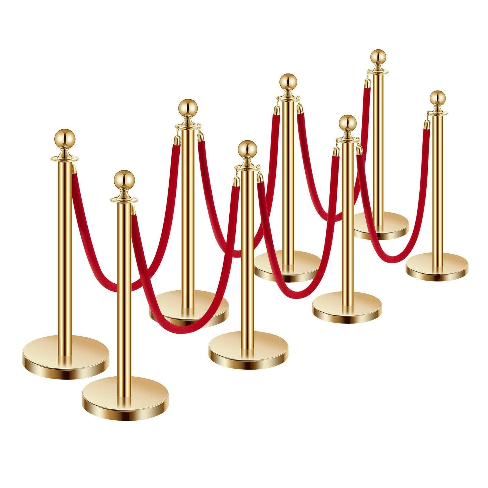 image-VEVOR Stanchions and Velvet Ropes 8Pcs, Hollow Base with Stainless Steel Post, 6 Red Velvet Ropes and Posts, Crowd Control Barriers Gold Stanchions, Red Carpet Runner Poles for Party Supplies
