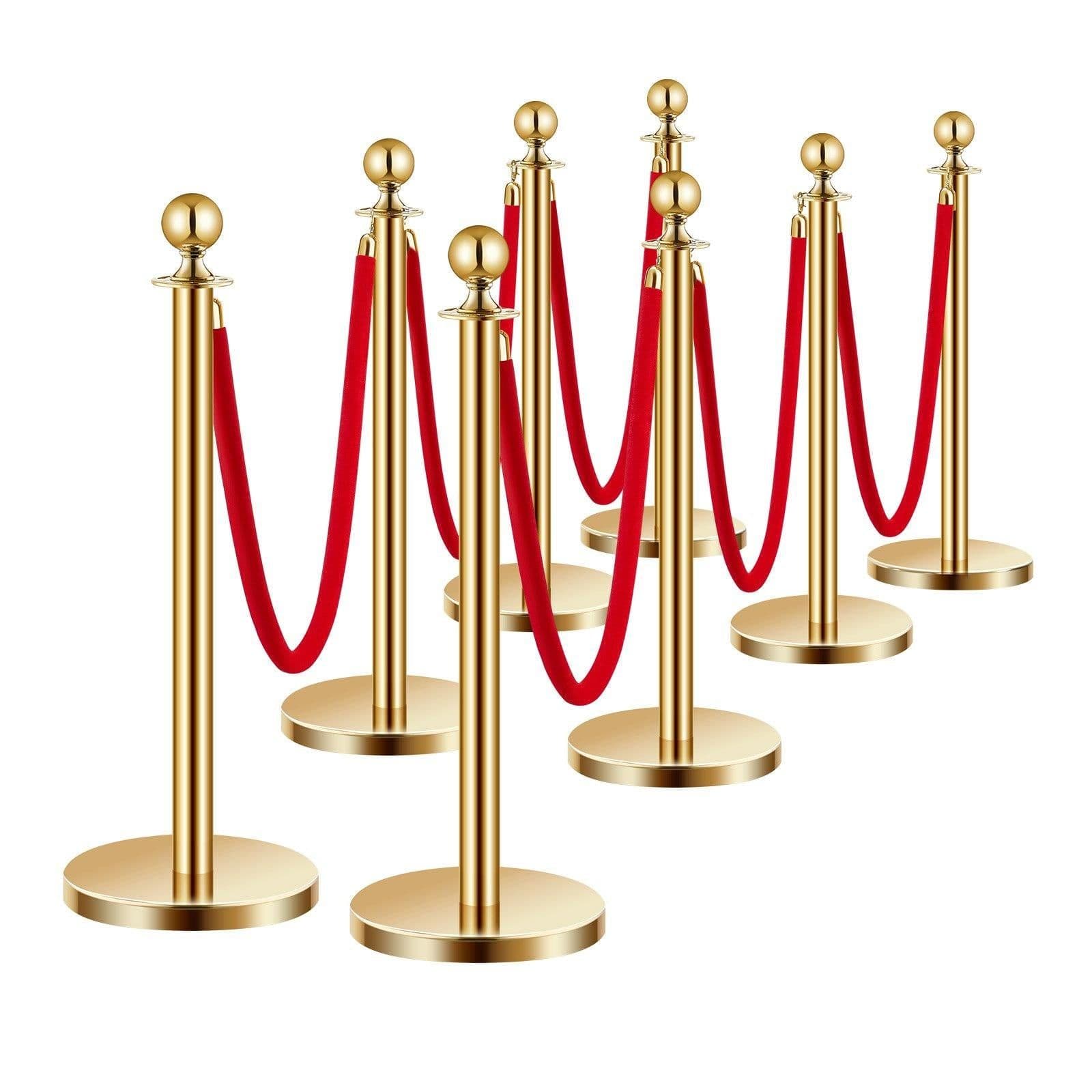 image-VEVOR Stanchions and Velvet Ropes 8Pcs, Hollow Base with Stainless Steel Post, 6 Red Velvet Ropes and Posts, Crowd Control Barriers Gold Stanchions, Red Carpet Runner Poles for Party Supplies