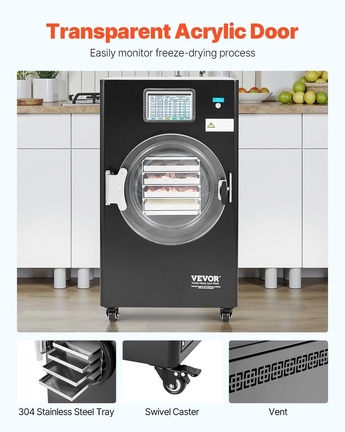image-VEVOR Vacuum Freeze Dryer Machine, 8.8-13.2 LBS/Batch Food Freeze Drying Machine with 4-Layer Trays, Vacuum Pump, Adjustable Timer and Temperature Control, for Fruits Vegetables Meat, Black