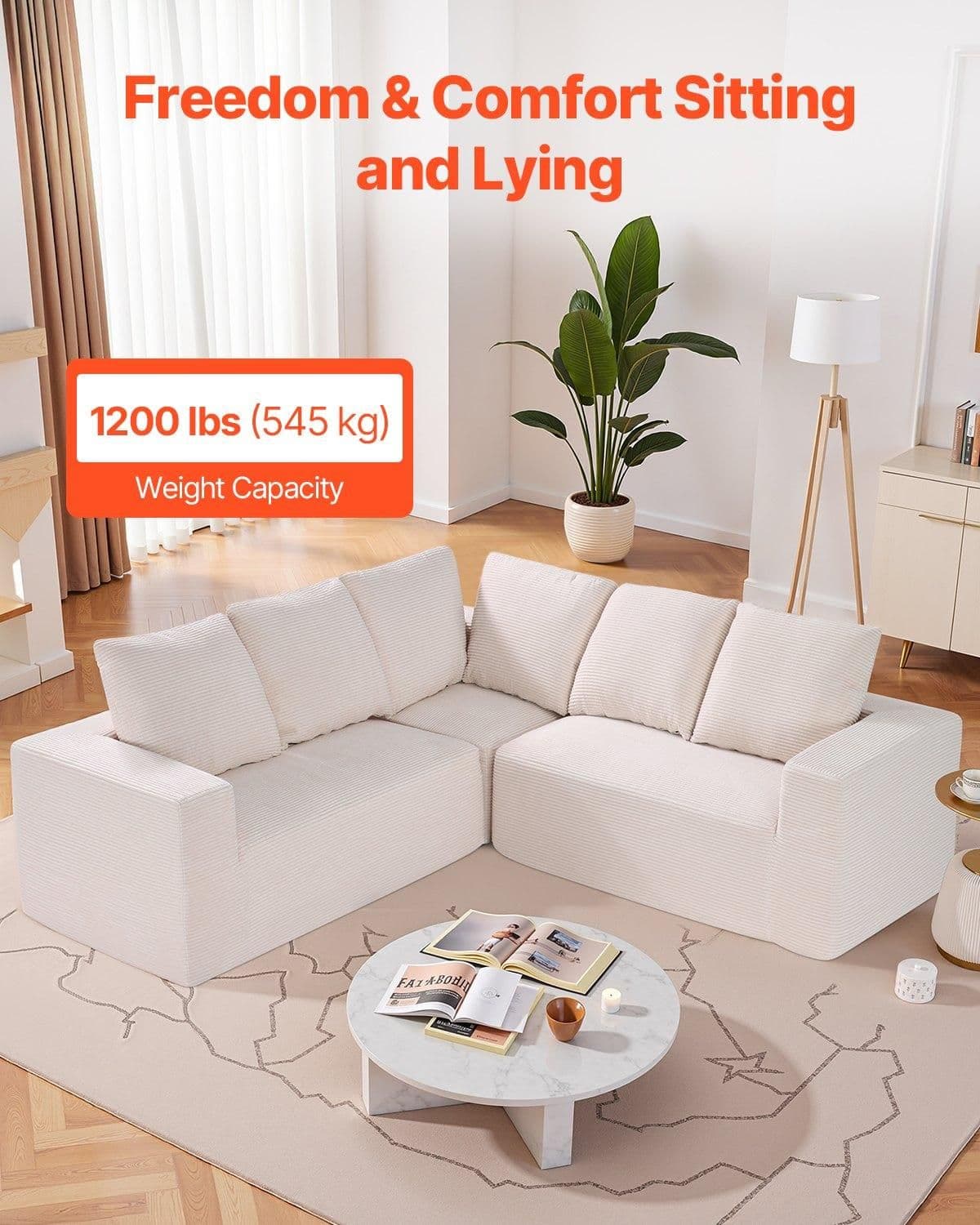 image-VEVOR Modular Sectional Sofa, L Shaped Modular Sofa Deep Seat, Cloud Sectional Couch with High Rebound Sponge and Density, Upholstered Corduroy Couch with Cushion for Living Room, Bedroom, Beige