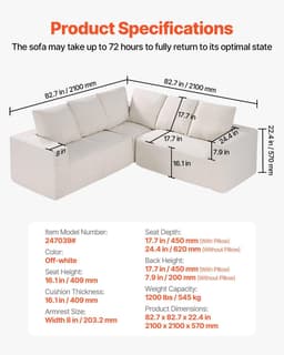 image-VEVOR Modular Sectional Sofa, L Shaped Modular Sofa Deep Seat, Cloud Sectional Couch with High Rebound Sponge and Density, Upholstered Corduroy Couch with Cushion for Living Room, Bedroom, Beige