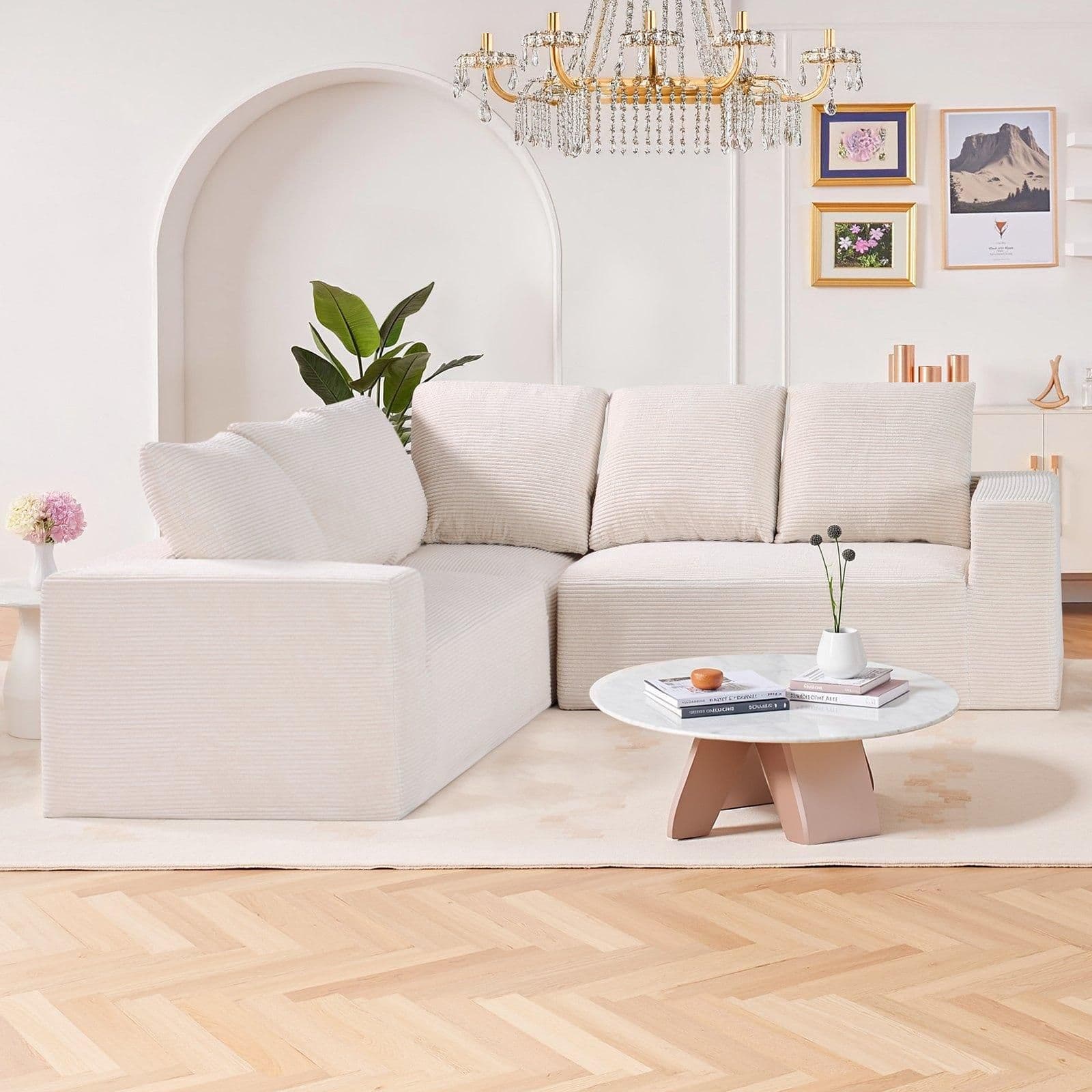 image-VEVOR Modular Sectional Sofa, L Shaped Modular Sofa Deep Seat, Cloud Sectional Couch with High Rebound Sponge and Density, Upholstered Corduroy Couch with Cushion for Living Room, Bedroom, Beige