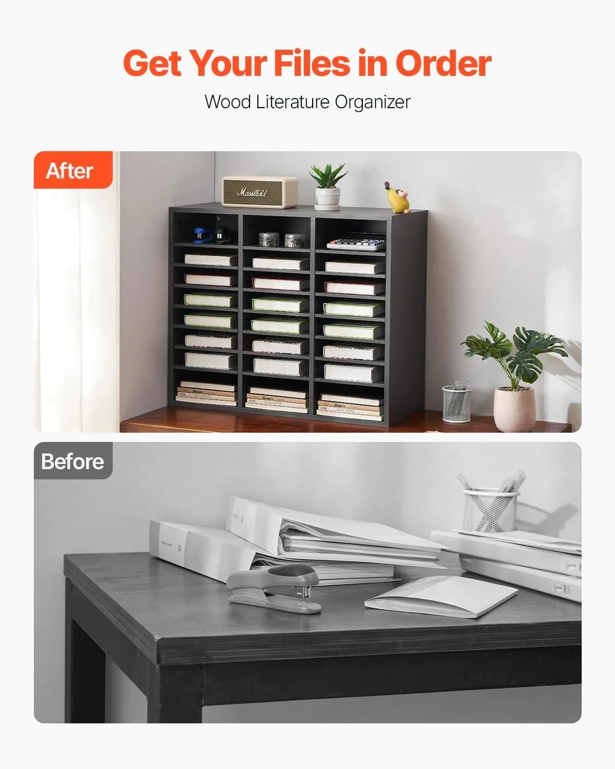 image-VEVOR Literature Organizer, 24 Compartments Office Mailbox with Adjustable Shelves, Wooden Mailbox Sorter Medium Density Fiberboard Office Home Classroom Storage for Files, Documents, Papers, Grey