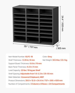 image-VEVOR Literature Organizer, 24 Compartments Office Mailbox with Adjustable Shelves, Wooden Mailbox Sorter Medium Density Fiberboard Office Home Classroom Storage for Files, Documents, Papers, Grey