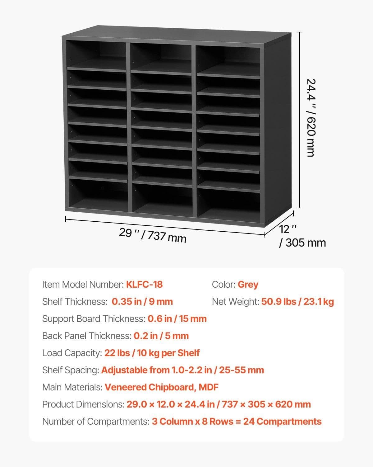 image-VEVOR Literature Organizer, 24 Compartments Office Mailbox with Adjustable Shelves, Wooden Mailbox Sorter Medium Density Fiberboard Office Home Classroom Storage for Files, Documents, Papers, Grey