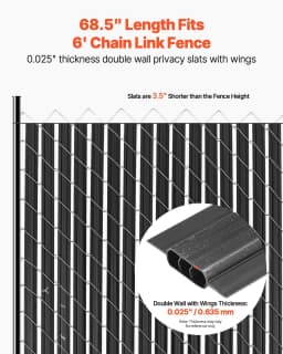 image-VEVOR Bottom Locking Privacy Slats, Double-Wall Vertical Bottom-Locking Slats with Wings for Chain-Link Fence, High-Density HDPE Chain Link Slats Ideally Fit 6' High Fence for Garden and Farm(Black)