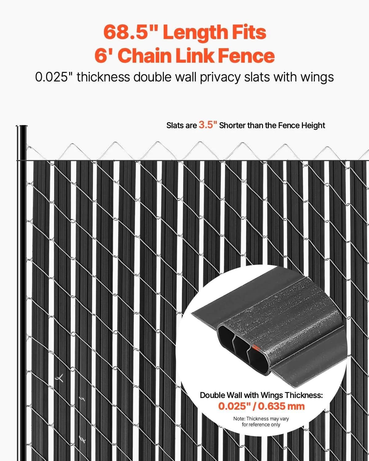 image-VEVOR Bottom Locking Privacy Slats, Double-Wall Vertical Bottom-Locking Slats with Wings for Chain-Link Fence, High-Density HDPE Chain Link Slats Ideally Fit 6' High Fence for Garden and Farm(Black)
