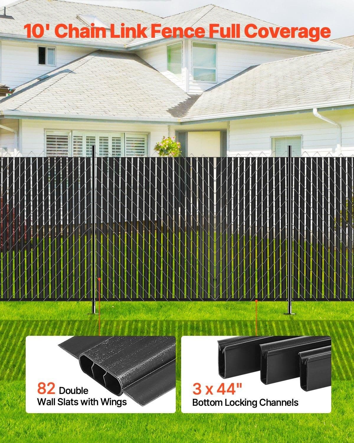 image-VEVOR Bottom Locking Privacy Slats, Double-Wall Vertical Bottom-Locking Slats with Wings for Chain-Link Fence, High-Density HDPE Chain Link Slats Ideally Fit 6' High Fence for Garden and Farm(Black)