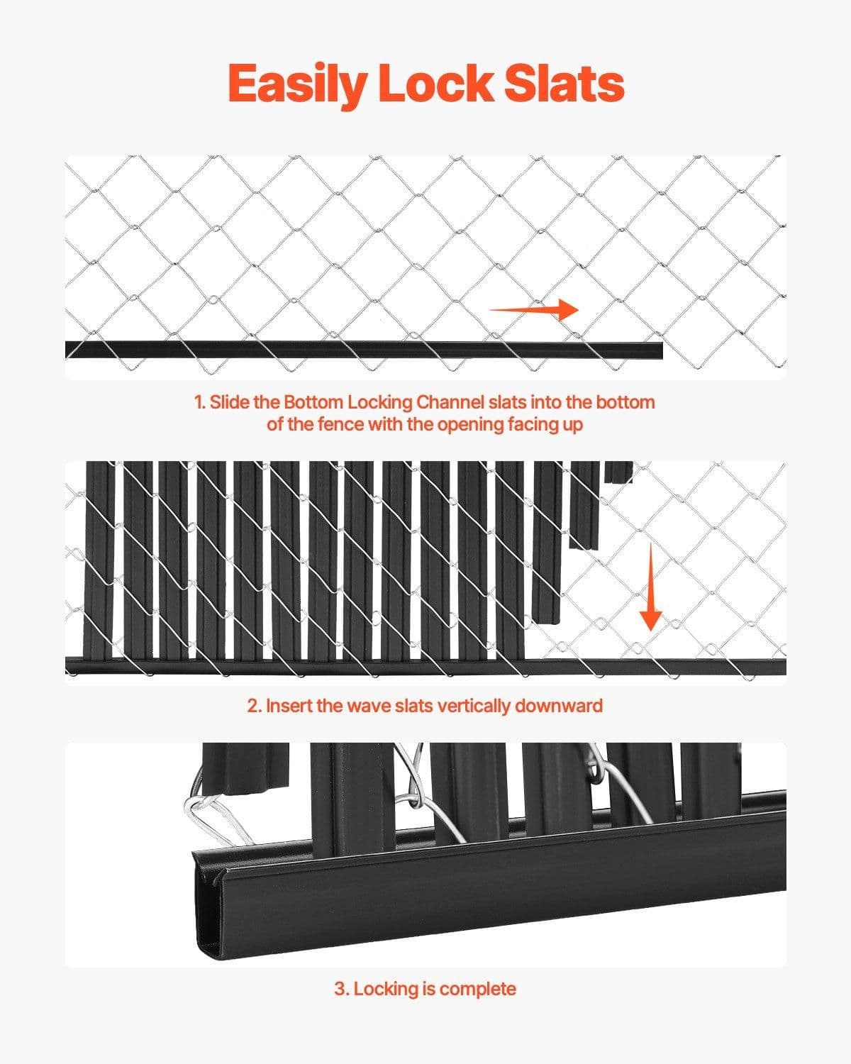 image-VEVOR Bottom Locking Privacy Slats, Double-Wall Vertical Bottom-Locking Slats with Wings for Chain-Link Fence, High-Density HDPE Chain Link Slats Ideally Fit 6' High Fence for Garden and Farm(Black)